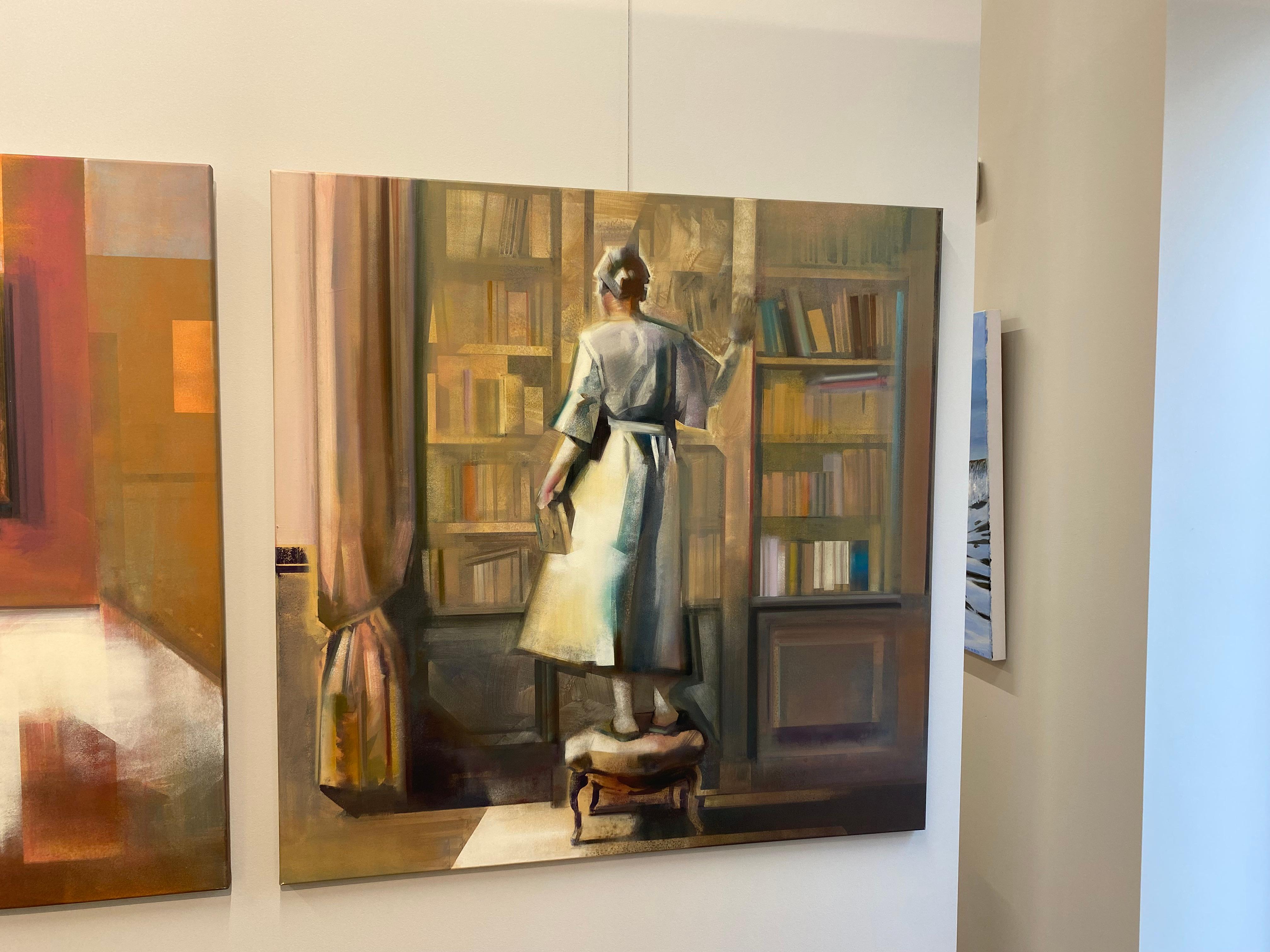 Organiser mes étagères - Abstrait figuratif du 21e siècle - Fille dans une bibliothèque - Painting de Martin Koole