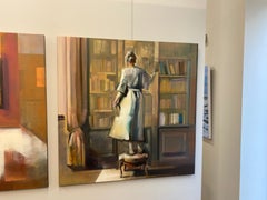 Ordnung in meinen Bücherregalen - 21. Jahrhundert figurativ-abstrakt - Mädchen in einer Bibliothek