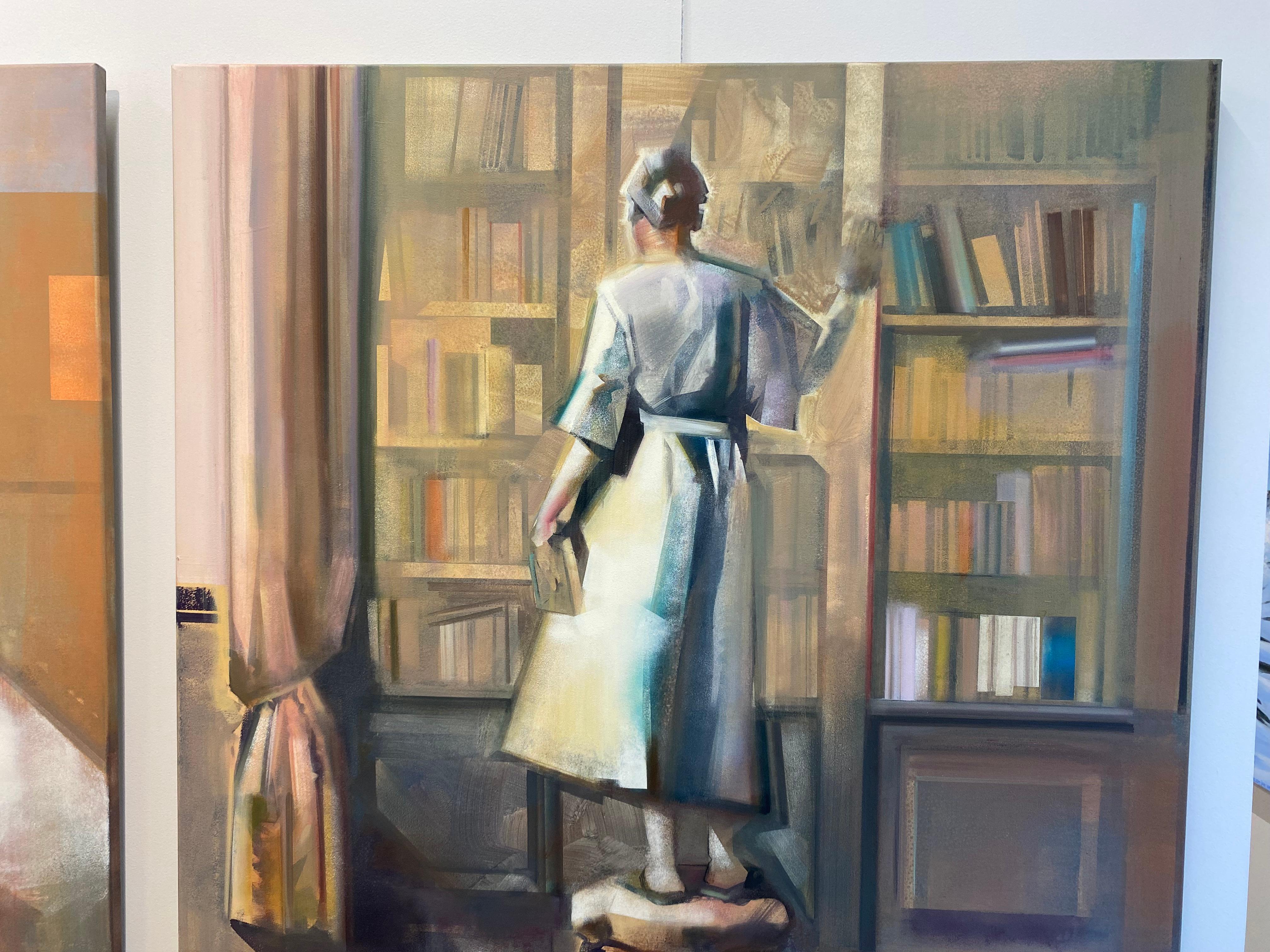 Organiser mes étagères - Abstrait figuratif du 21e siècle - Fille dans une bibliothèque - Contemporain Painting par Martin Koole