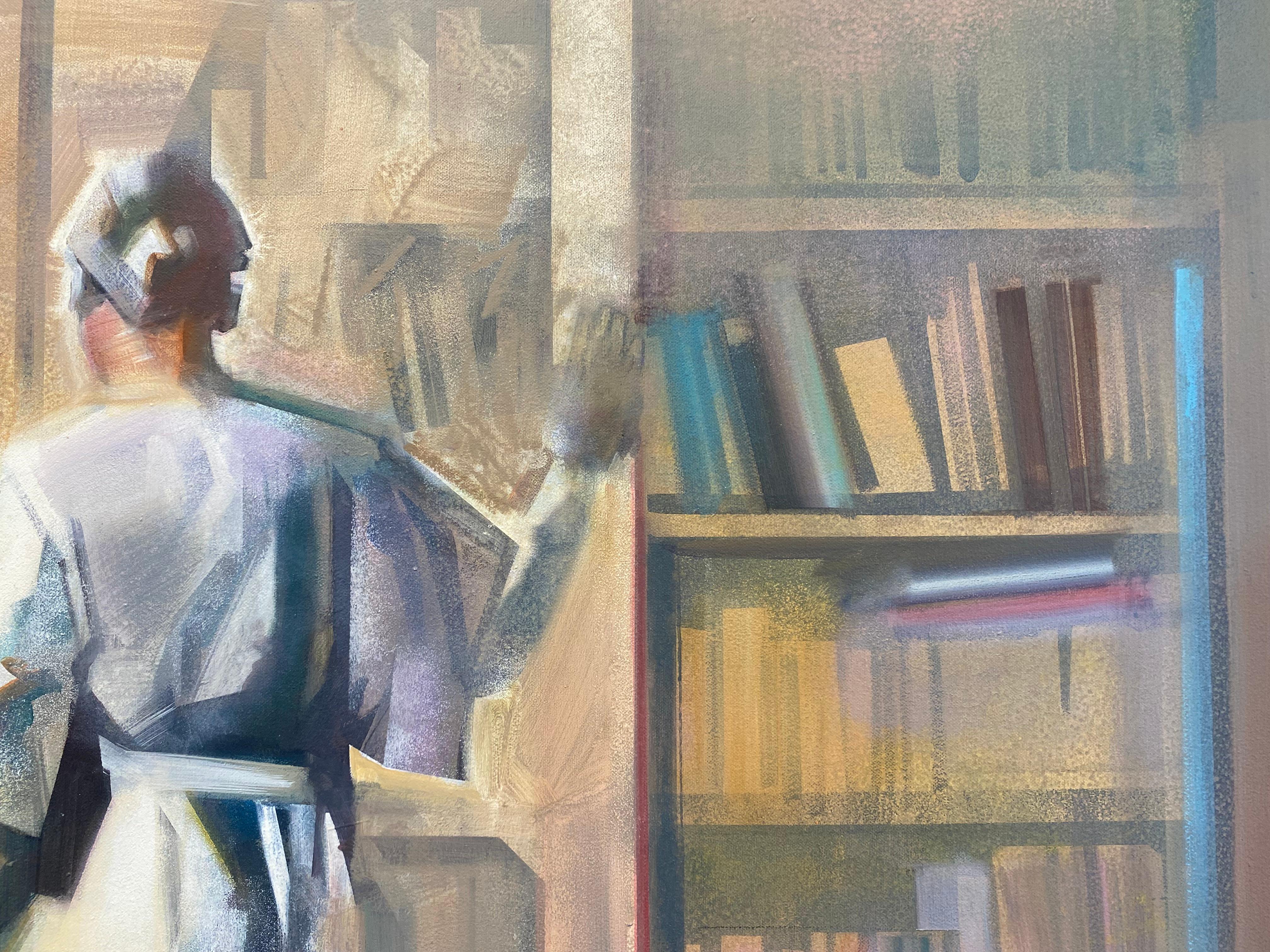 Organiser mes étagères - Abstrait figuratif du 21e siècle - Fille dans une bibliothèque - Gris Figurative Painting par Martin Koole