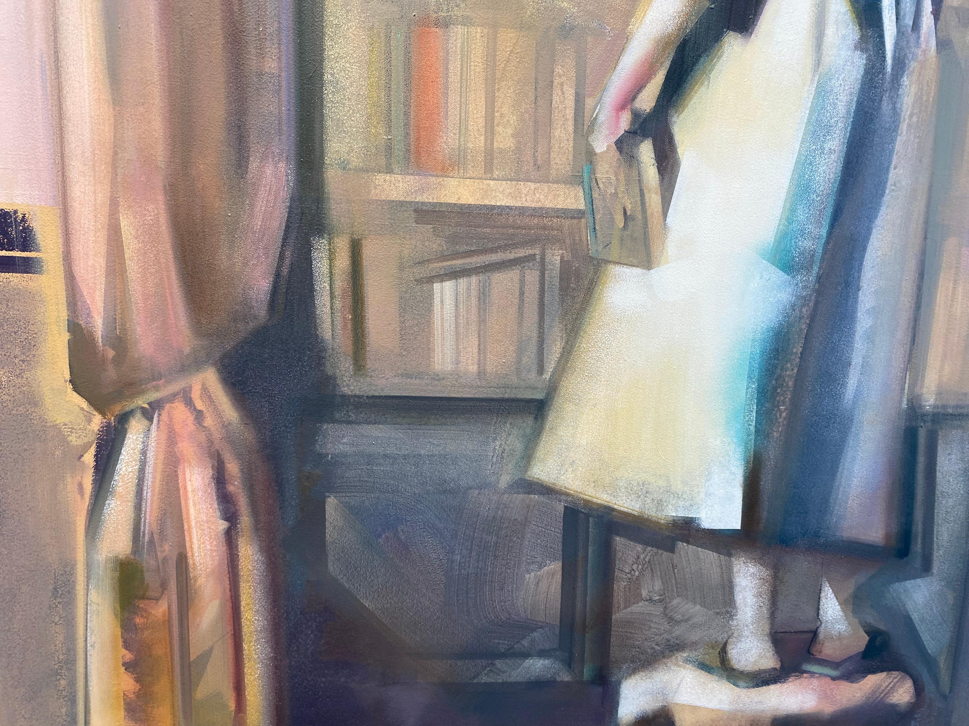 Organiser mes étagères - Abstrait figuratif du 21e siècle - Fille dans une bibliothèque en vente 1