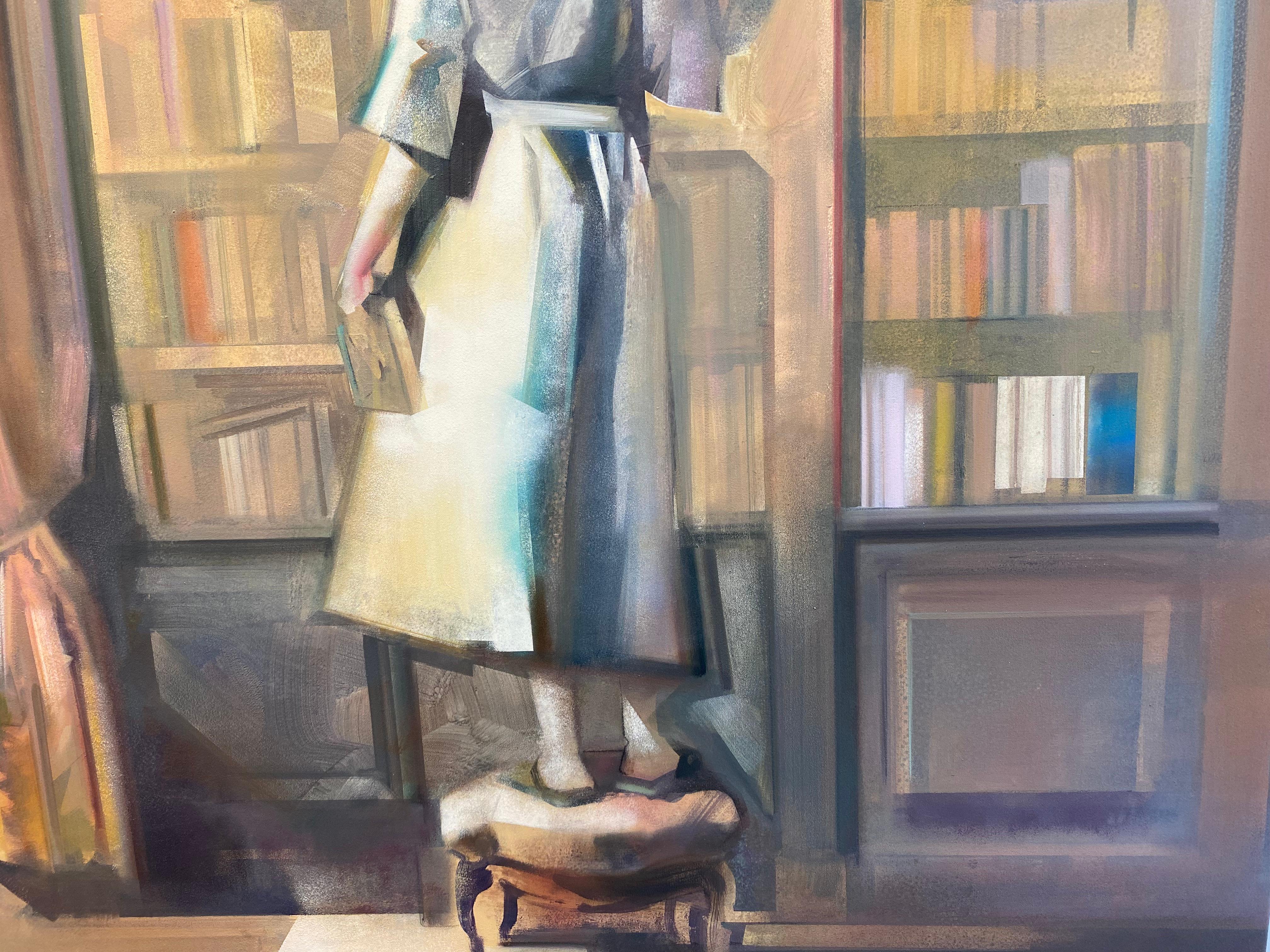 Organiser mes étagères - Abstrait figuratif du 21e siècle - Fille dans une bibliothèque en vente 2