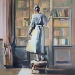 Martin Koole - Organizzare le mie librerie - Astratto figurativo del 21° secolo - Ragazza in biblioteca Organizzare le mie librerie - Astratto figurativo del 21° secolo - Ragazza in biblioteca