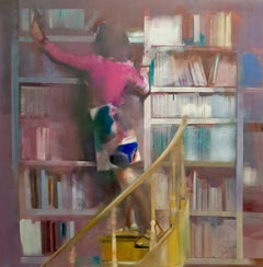 The well read girl at a bookshelf- 21st Century Contemporary Figure Painting 