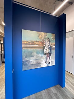 Ansicht aus meinem Balkon – figuratives abstraktes Gemälde einer Frau aus dem 21. Jahrhundert