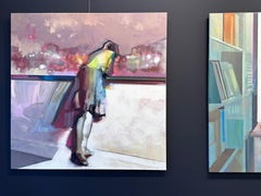 Ansicht aus meinem Balkon II – figuratives abstraktes Gemälde einer Frau aus dem 21. Jahrhundert