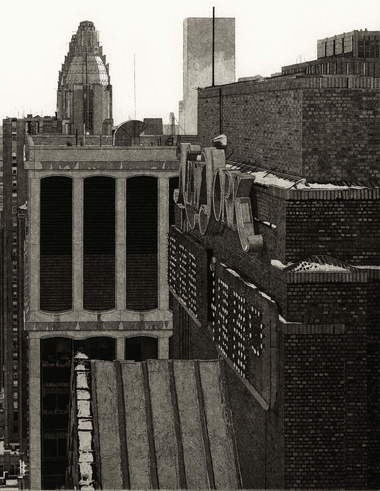Madison and 50th (GE-Gebäude auf der linken Seite, Waldorf Astoria und East River) – Print von Martin Levine