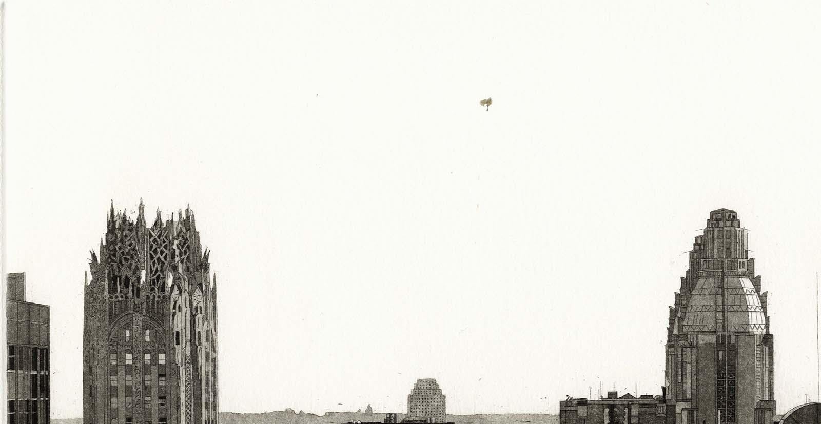 Madison and 50th (GE-Gebäude auf der linken Seite, Waldorf Astoria und East River) (Amerikanische Moderne), Print, von Martin Levine