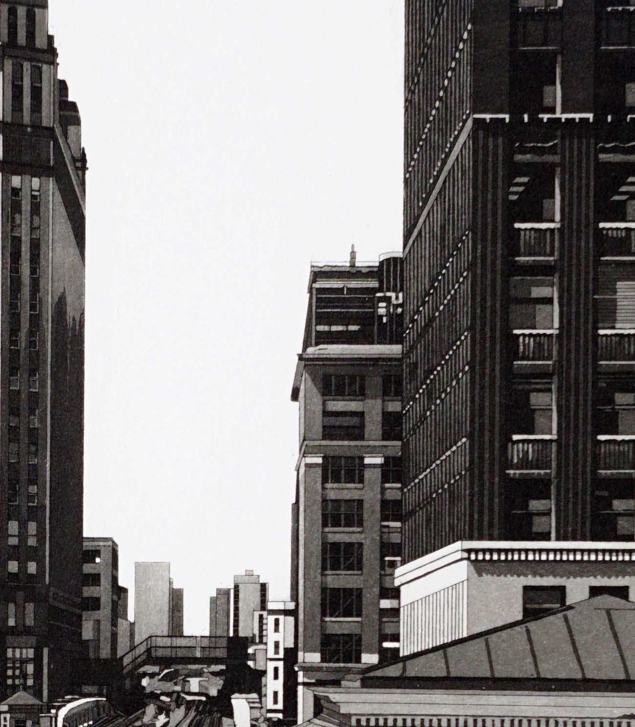 Waiting For My Train(track crossings that create Chicago EL / Merchandise Mart) - Print by Martin Levine