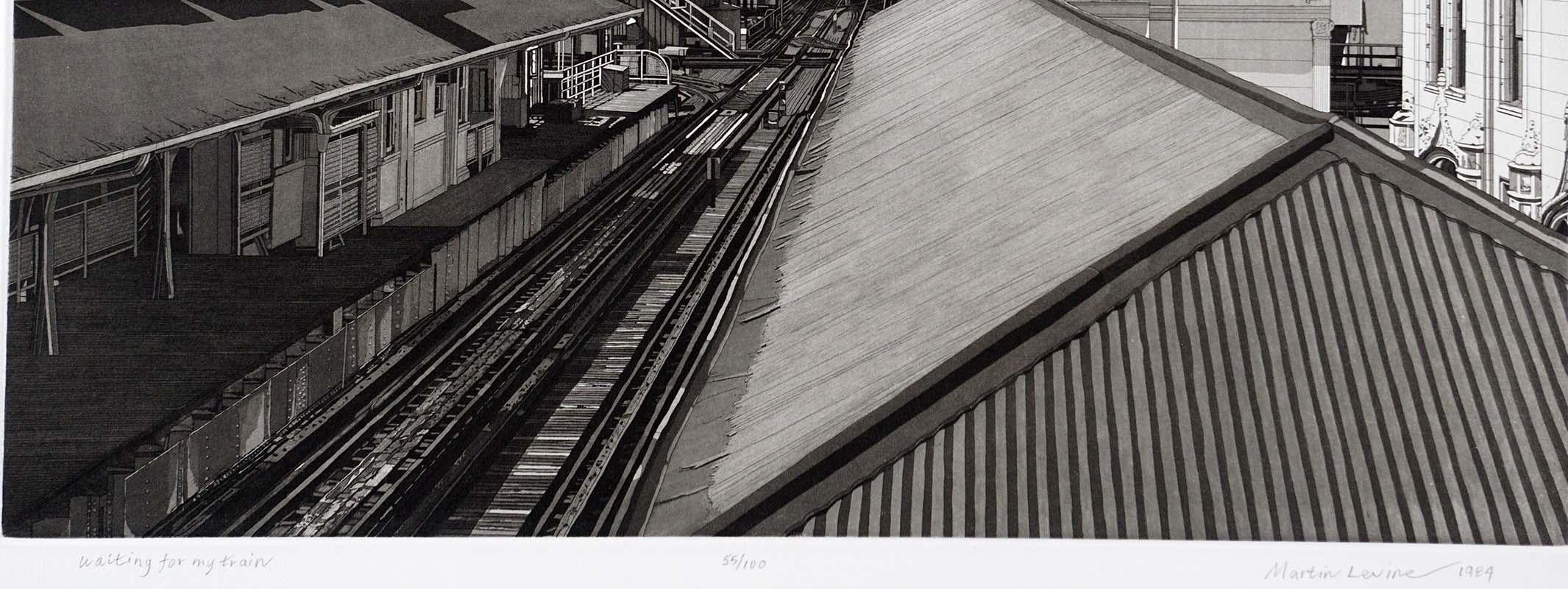Waiting For My Train (croisés qui créent le Chicago EL / Merchandise Mart) - Noir Landscape Print par Martin Levine