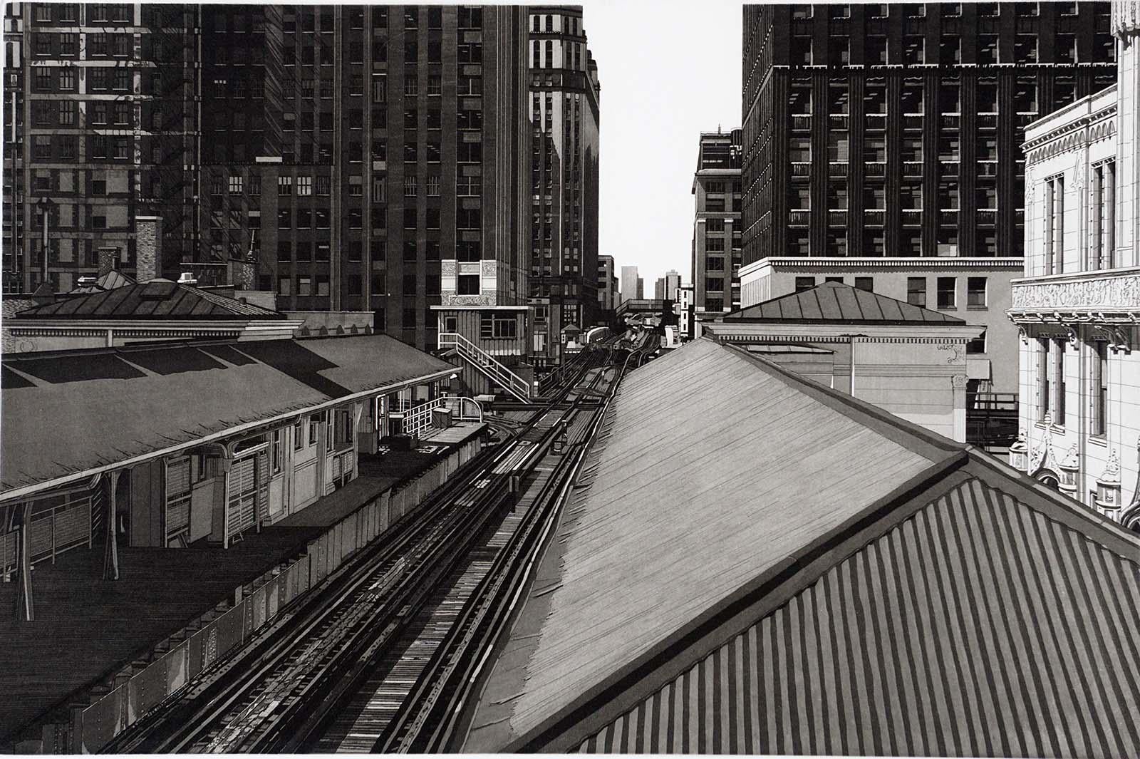 Martin Levine Landscape Print – Waiting For My Train (Flugkreuzfahrten, die Chicago EL / Merchandise Mart schaffen)