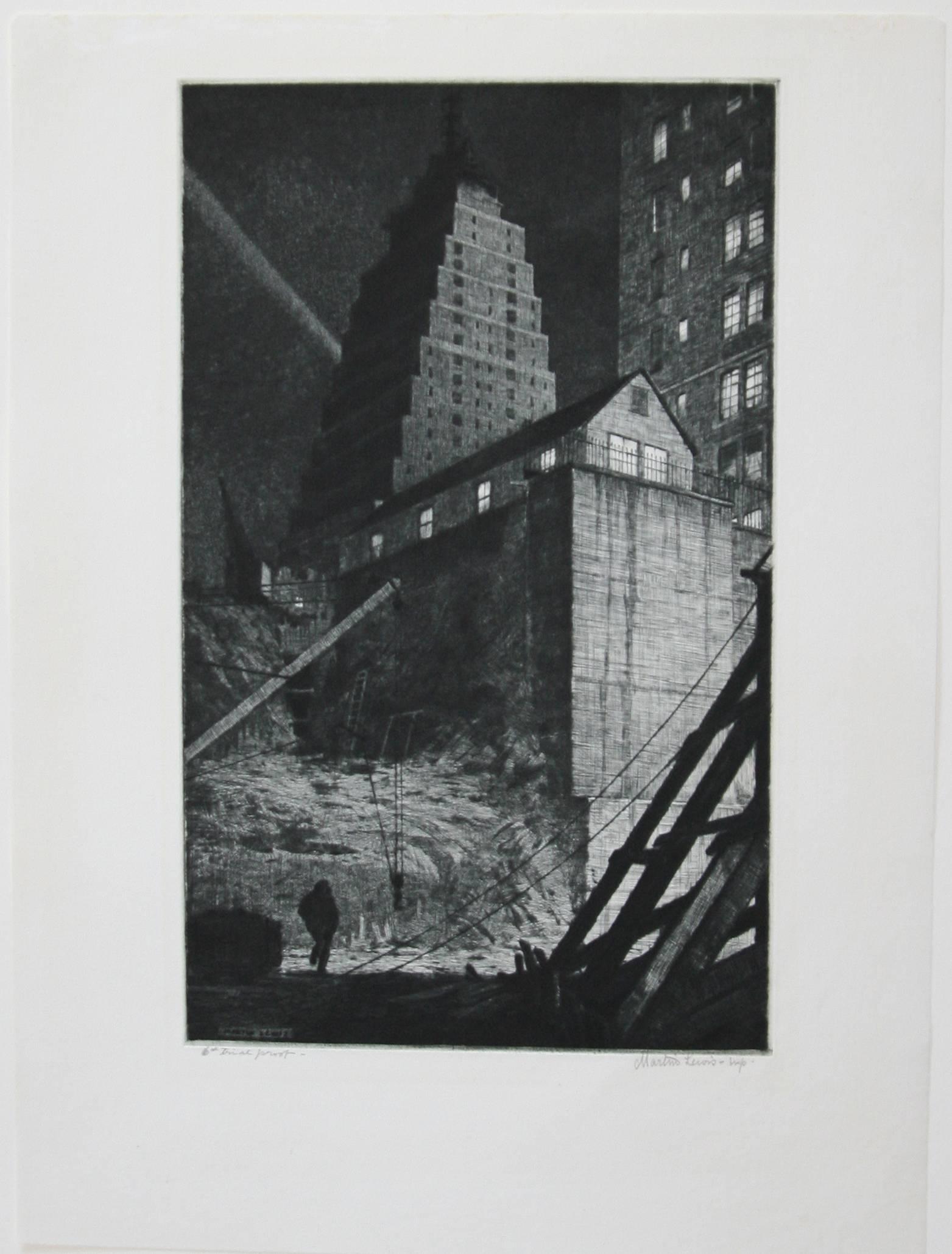 Costruire una Babilonia, Tudor City, NY. - Landscape Print Beige di Martin Lewis