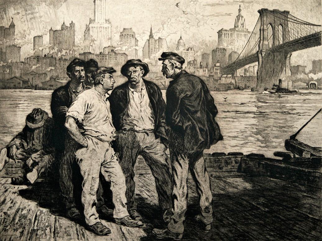 Workers du chantier naval sous le pont de Brooklyn - Print de Martin Lewis