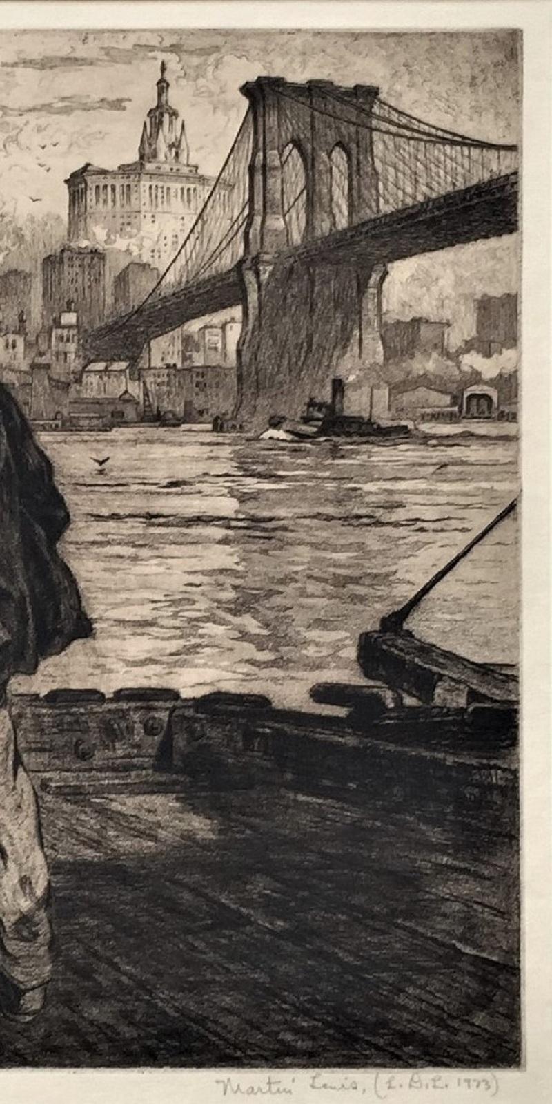 Workers du chantier naval sous le pont de Brooklyn - Modernisme américain Print par Martin Lewis