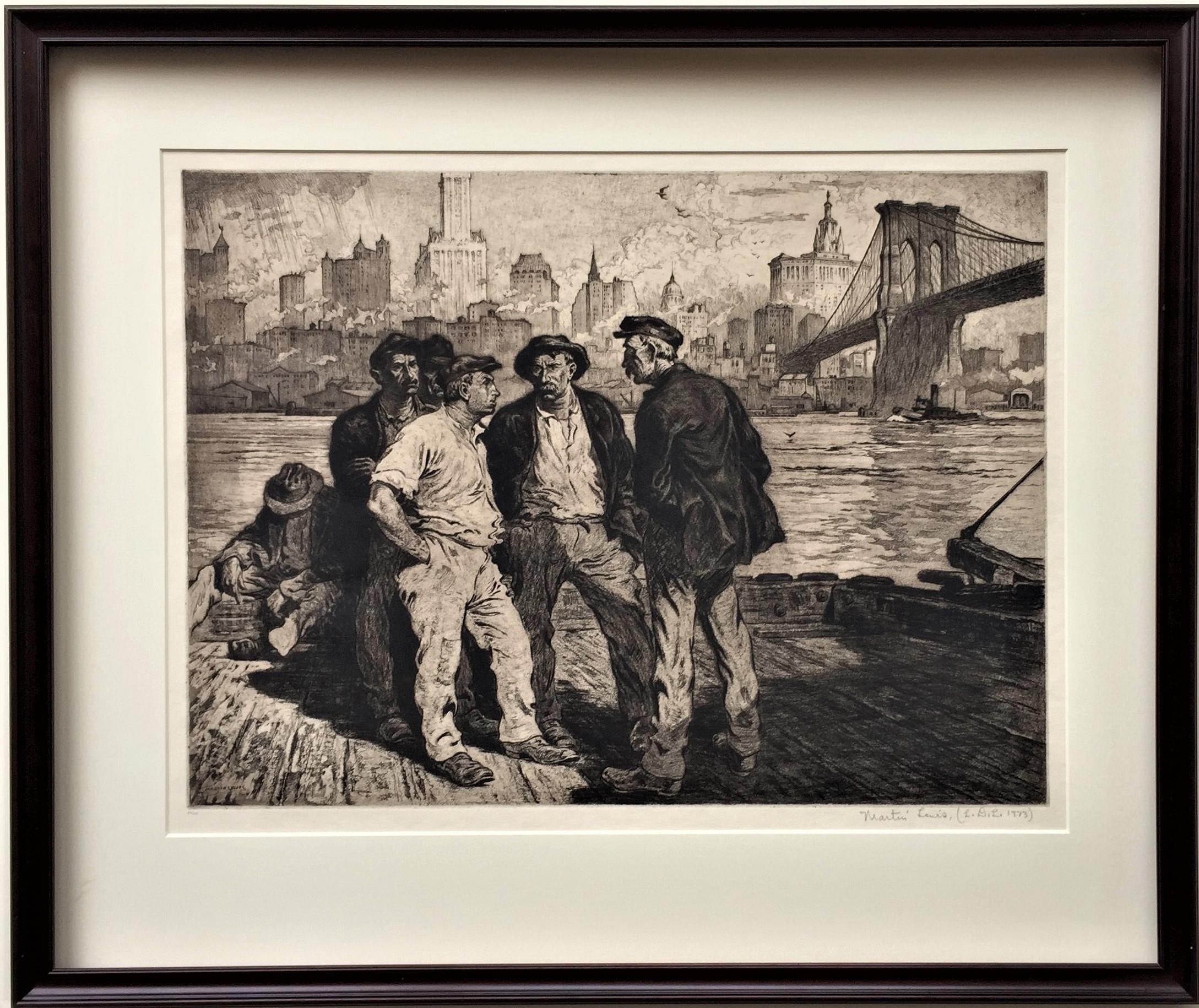 Workers du chantier naval sous le pont de Brooklyn - Beige Figurative Print par Martin Lewis