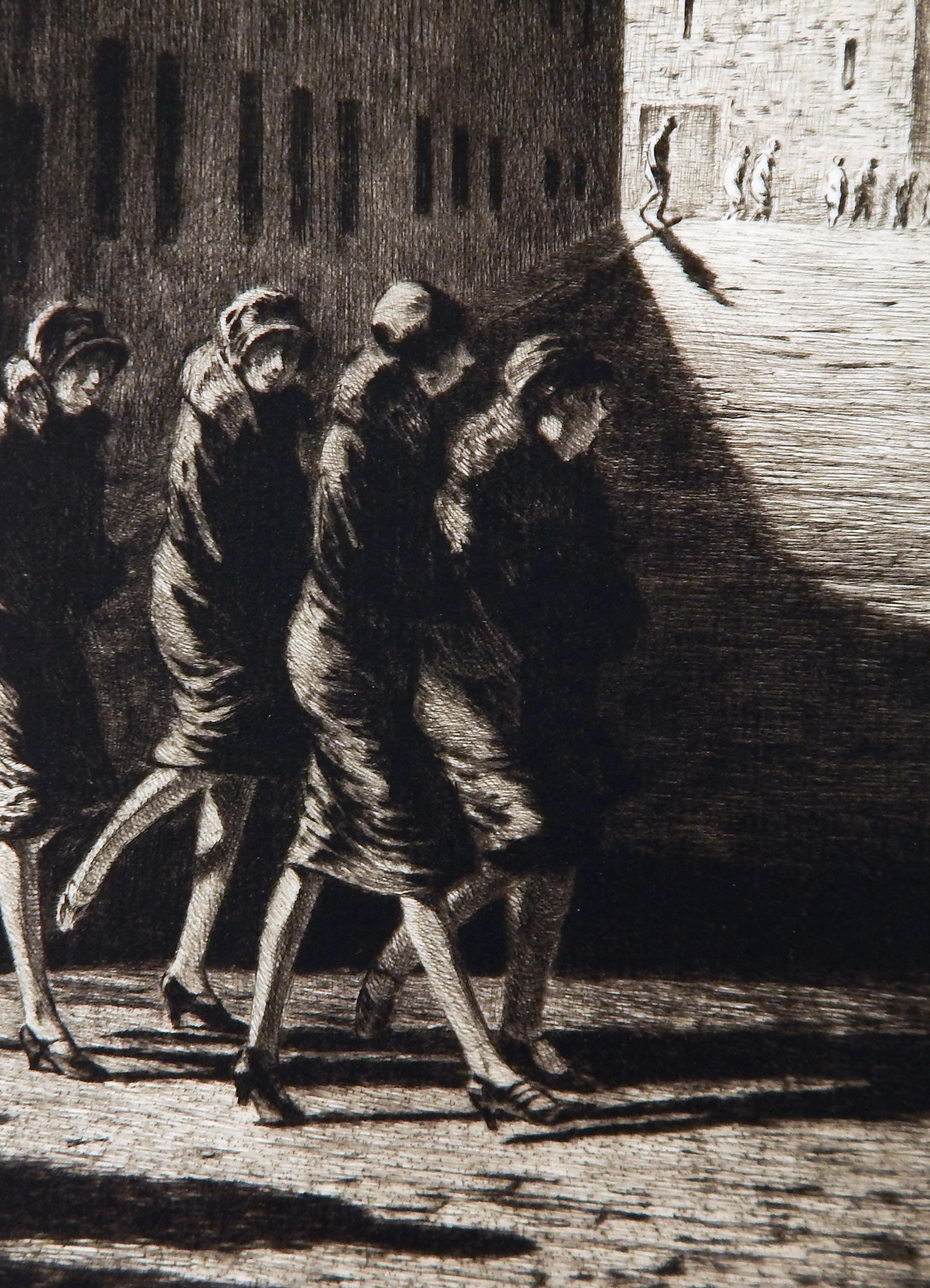 Martin Lewis Original Etching, 1927 - “Shadows on the Ramp” For Sale 2