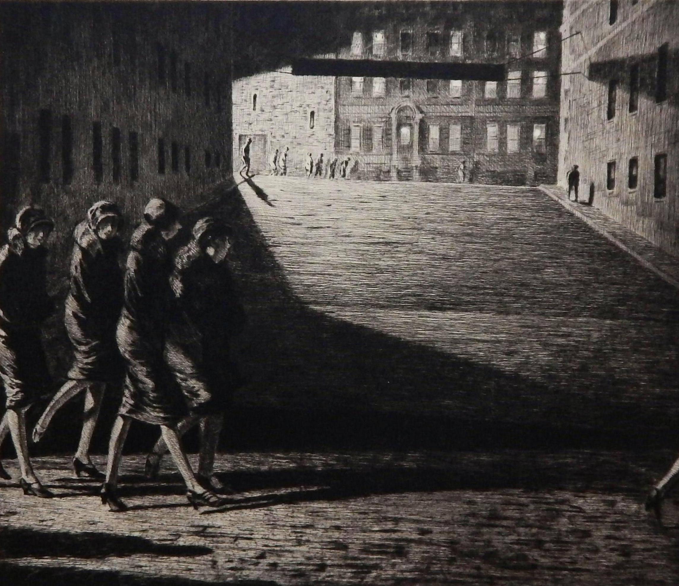 Martin Lewis Original Etching, 1927 - “Shadows on the Ramp” For Sale 3