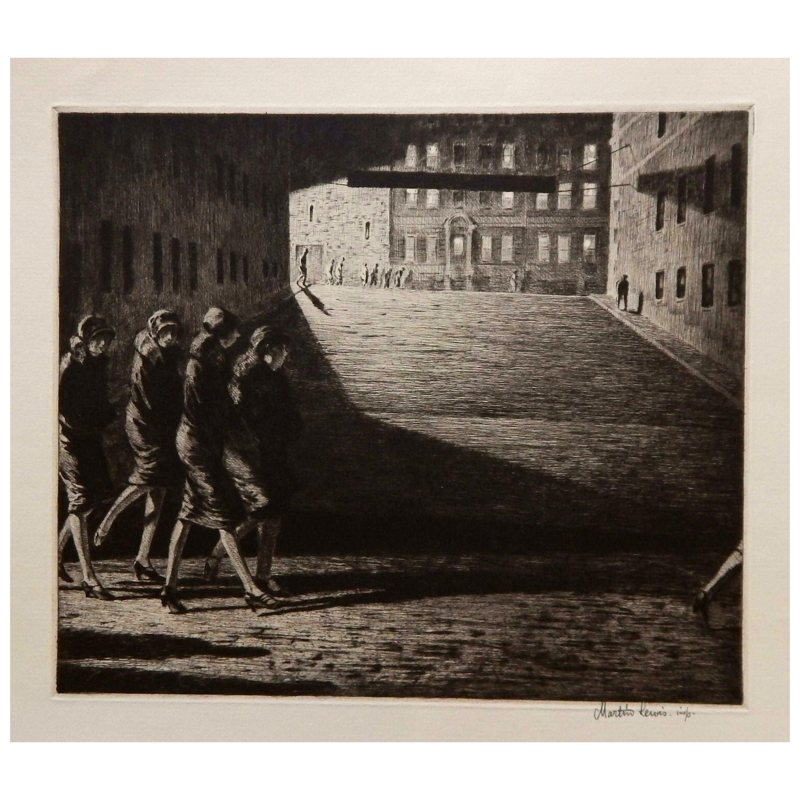 Original etching with drypoint in mint condition by well-known New York 
artist and printmaker Martin Lewis (1881-1962).
The print is signed in pencil lower right. The title is: “Shadows on the Ramp”
Image measures: 9" H x 10 1/2" W. Sheet size is: