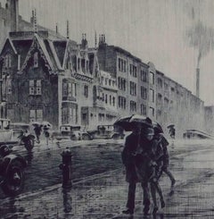 Martin Lewis Original Etching, 1928 - “Rain on Murray Hill”