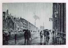 Martin Lewis Original Etching, 1928 - “Rain on Murray Hill”