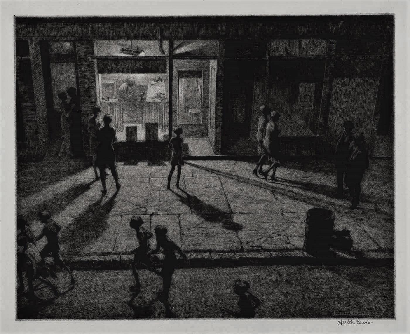 Frühlingsnacht, Greenwich Village (Amerikanische Moderne), Print, von Martin Lewis