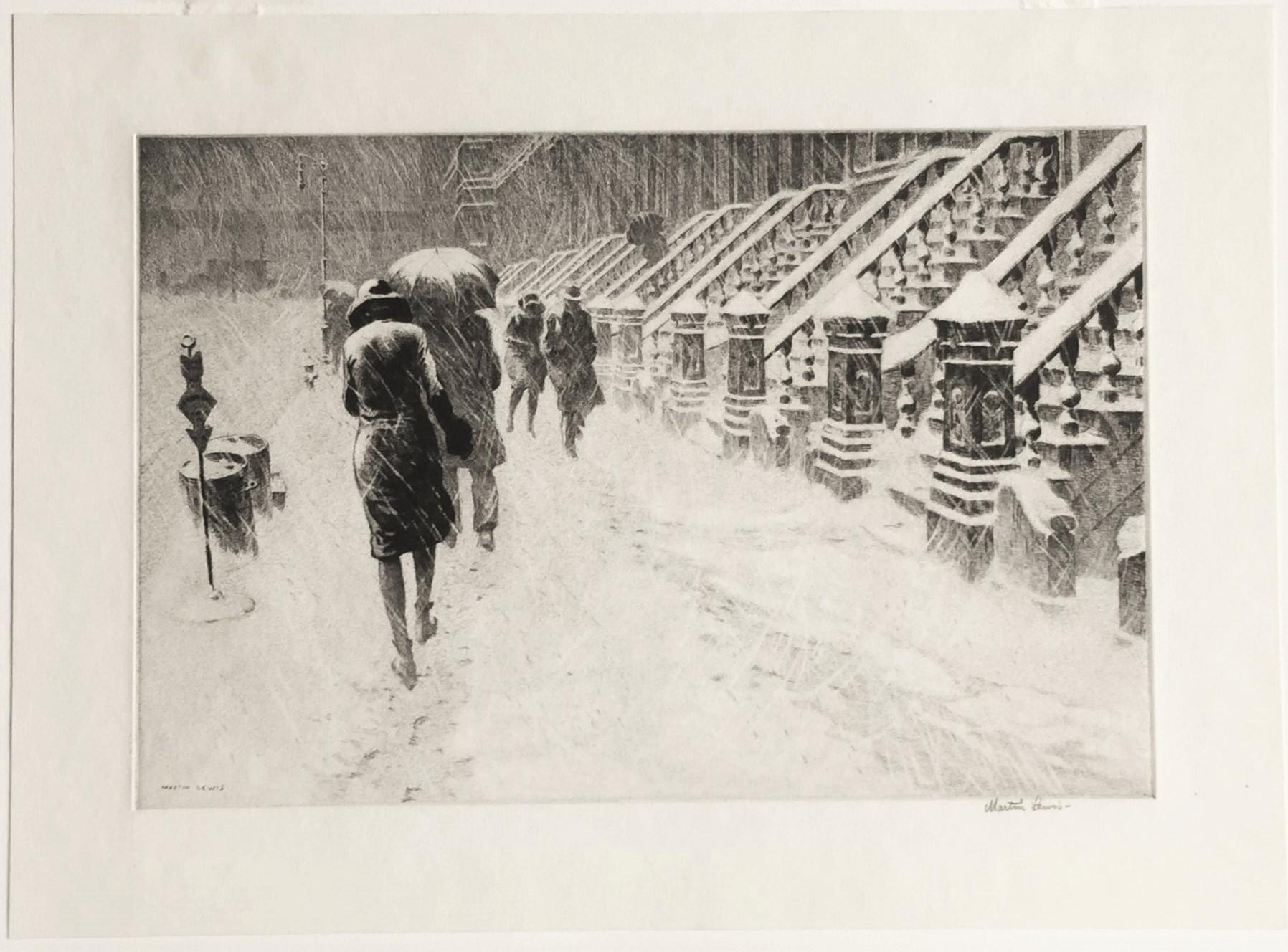 Haltestellen im Schnee (Grau), Figurative Print, von Martin Lewis