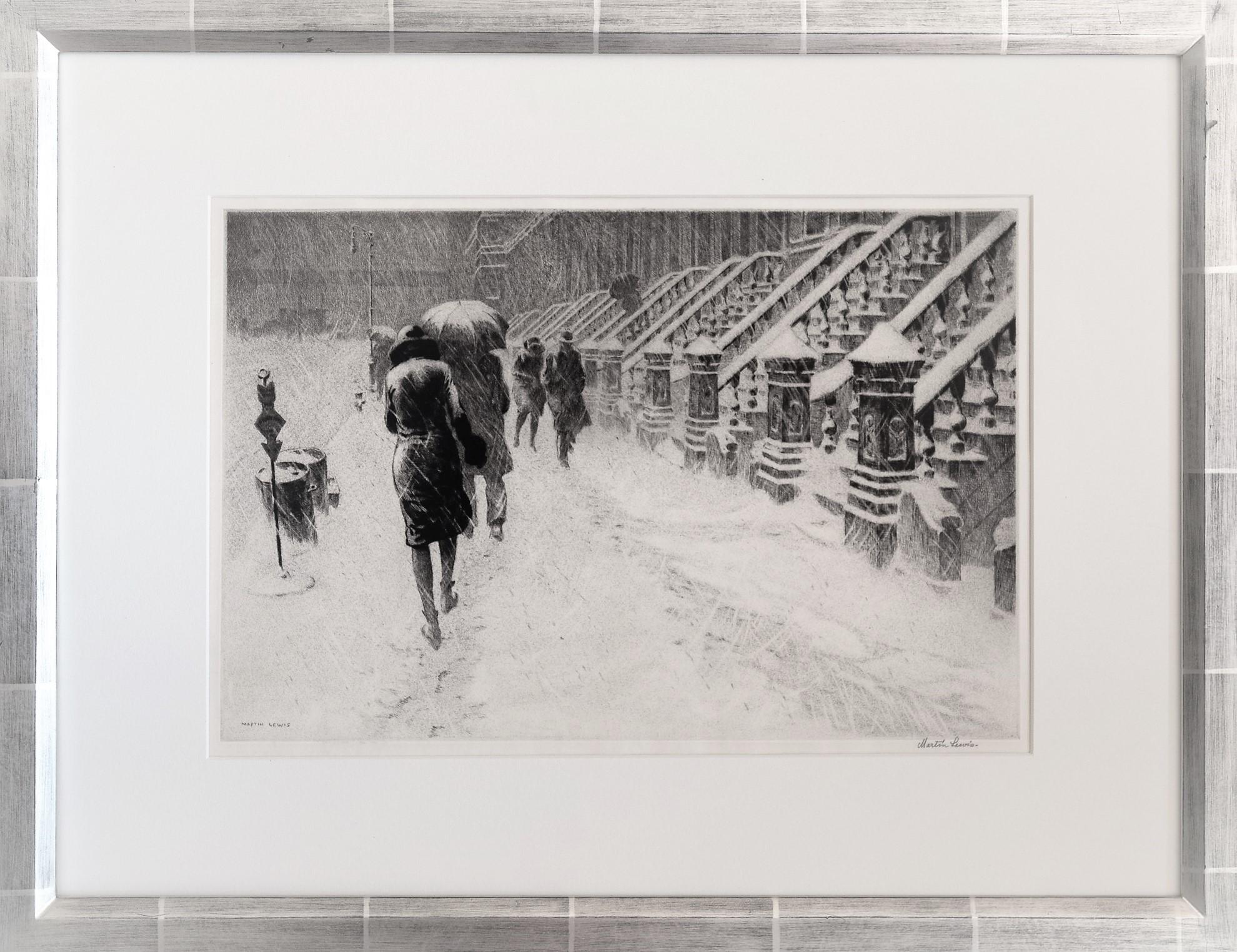 Martin Lewis Figurative Print - Stoops in Snow