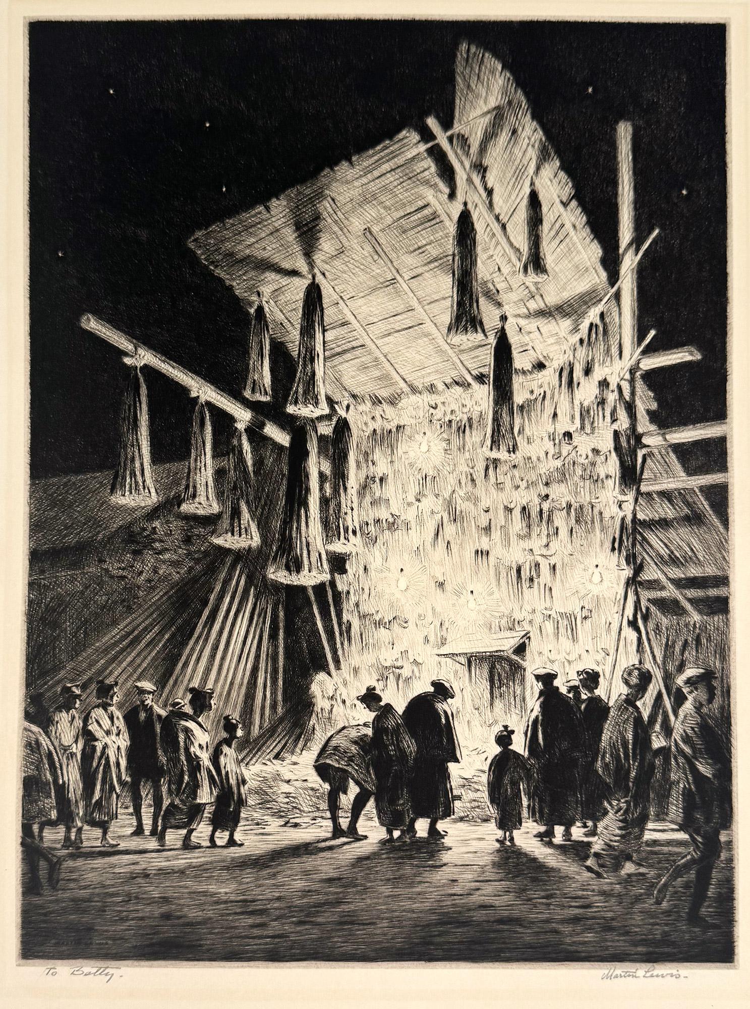 Martin Lewis Landscape Print - Street Booth, Tokyo, New Year
s Eve