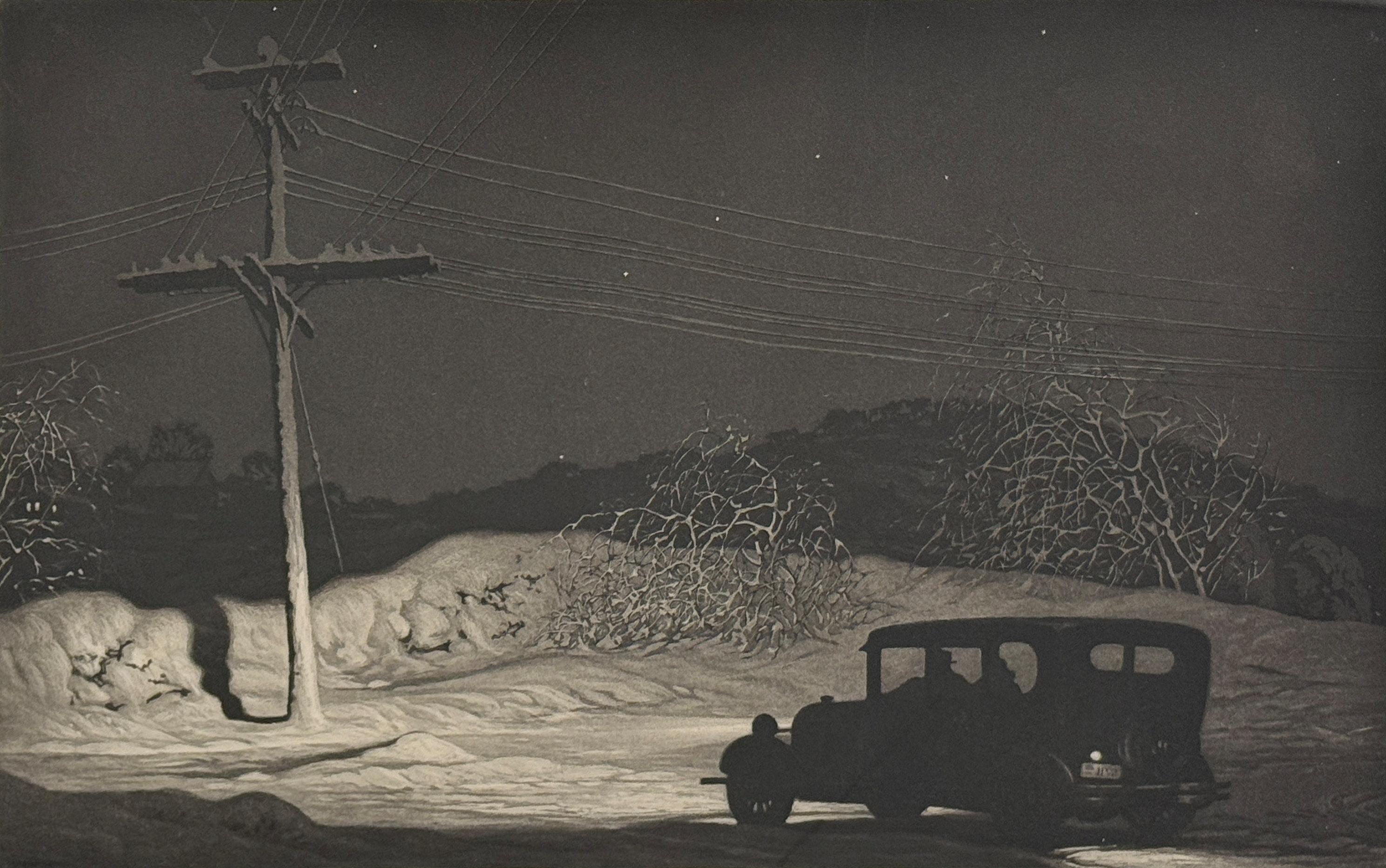 Martin Lewis
¿Qué camino?, 1932
Firmado abajo a la derecha
Aguafuerte sobre papel azul claro
Placa 10 1/4 x 15 3/4 pulgadas
Hoja 14 1/4 x 19 1/2 pulgadas
Edición de aproximadamente 53

Procedencia
Colección privada, Nueva York, hacia 1970
Patrimonio