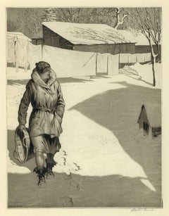 White Monday (Brilliant sun creates shadows on snow as woman hangs wash on line)