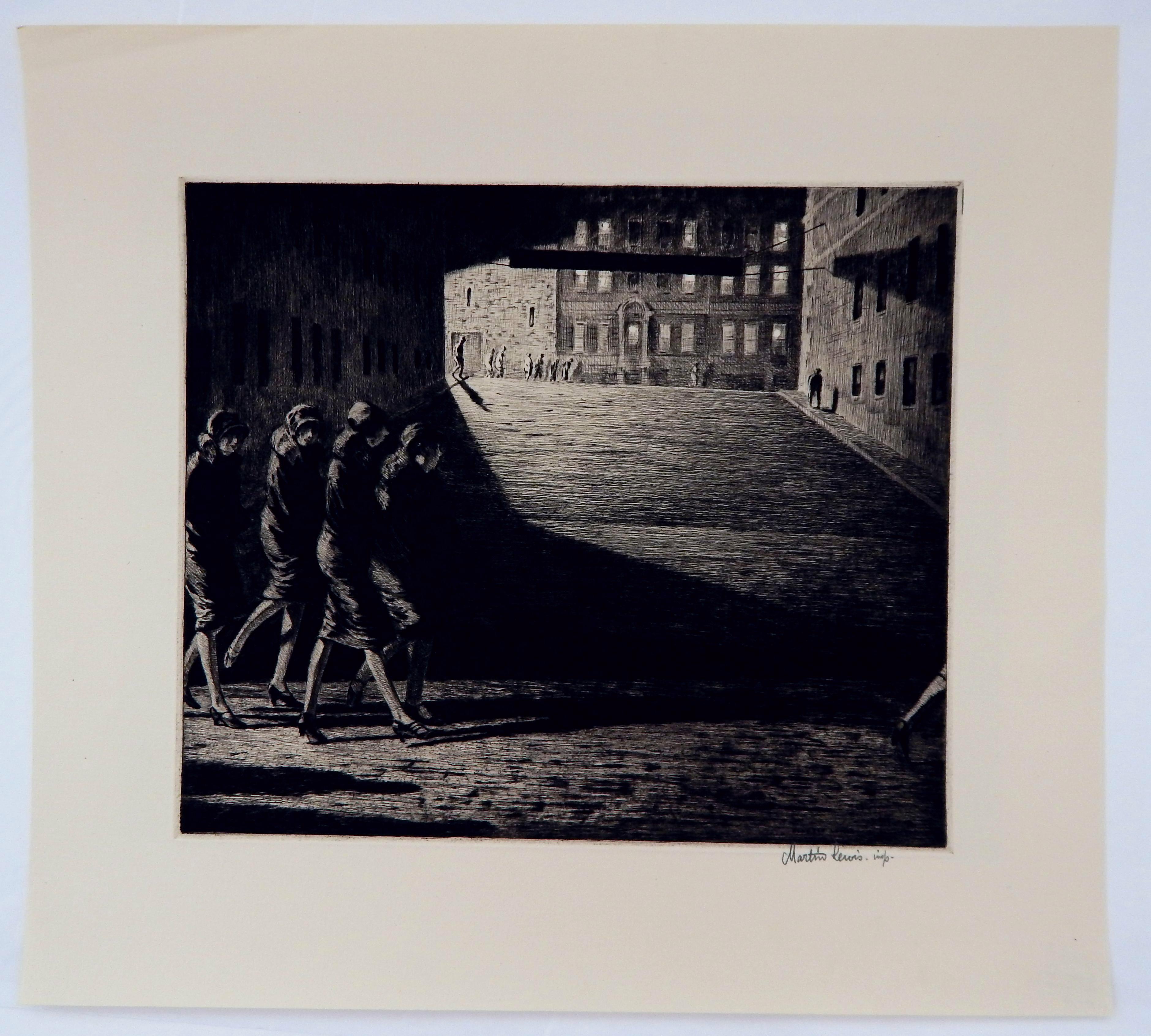 Original etching with drypoint in mint condition by well-known New York 
artist and printmaker Martin Lewis (1881-1962).
The print is signed in pencil lower right. The title is: “Shadows on the Ramp”
Image measures: 9