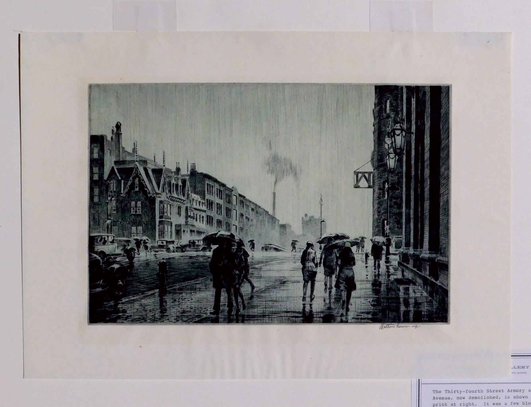 Original drypoint in mint condition printed in greenish black ink on wove paper 
by well-known New York artist and printmaker Martin Lewis (1881-1962).
The print is signed in pencil lower right. McCarron #75. Edition of 100. 
Image measures: 7 7/8