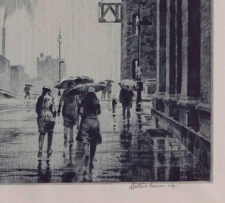 Martin Lewis Original Etching, 1928 - “Rain on Murray Hill” In Good Condition For Sale In Phoenix, AZ