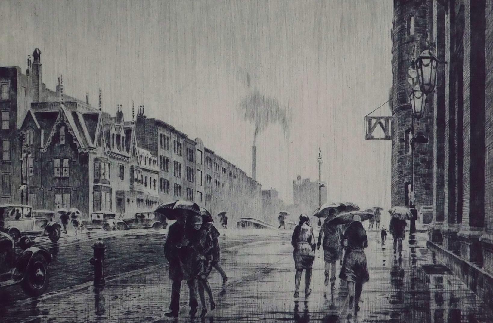 20th Century Martin Lewis Original Etching, 1928 - “Rain on Murray Hill” For Sale