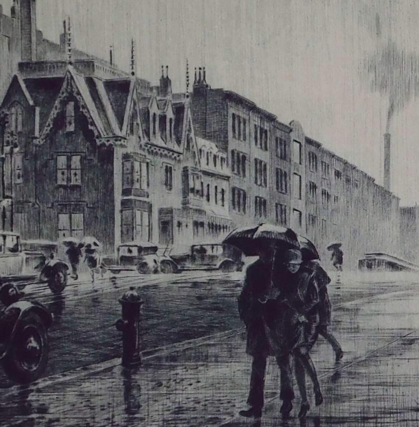 Paper Martin Lewis Original Etching, 1928 - “Rain on Murray Hill” For Sale