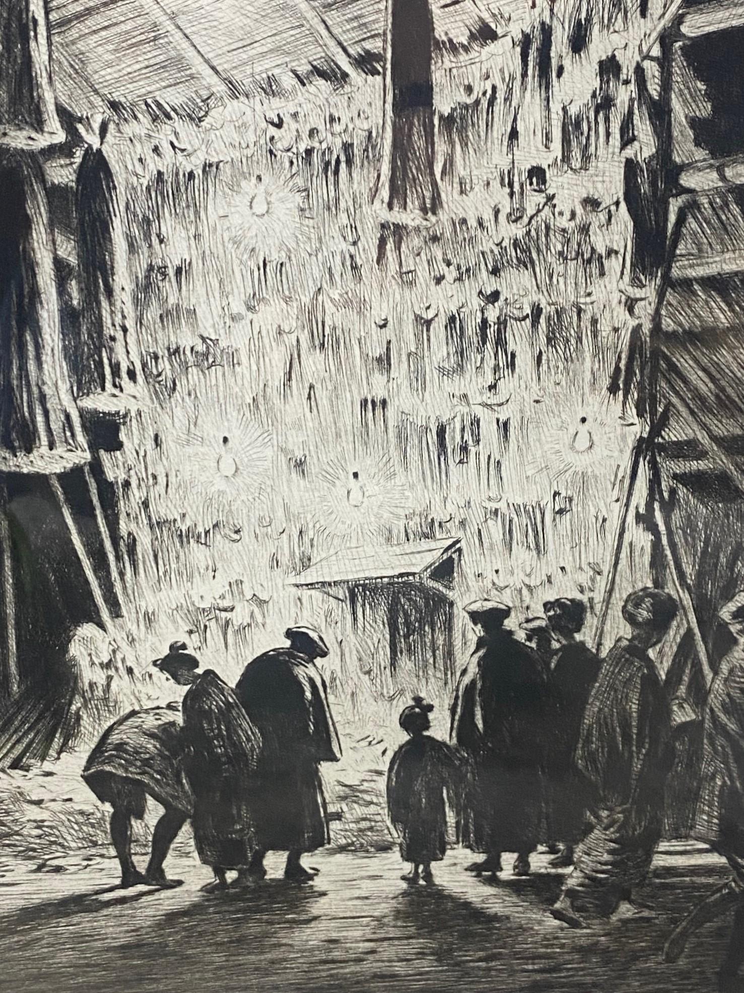 Etched Martin Lewis Signed Limited Ed. Etchng Street Booth, Tokyo New Years Eve, 1927 For Sale