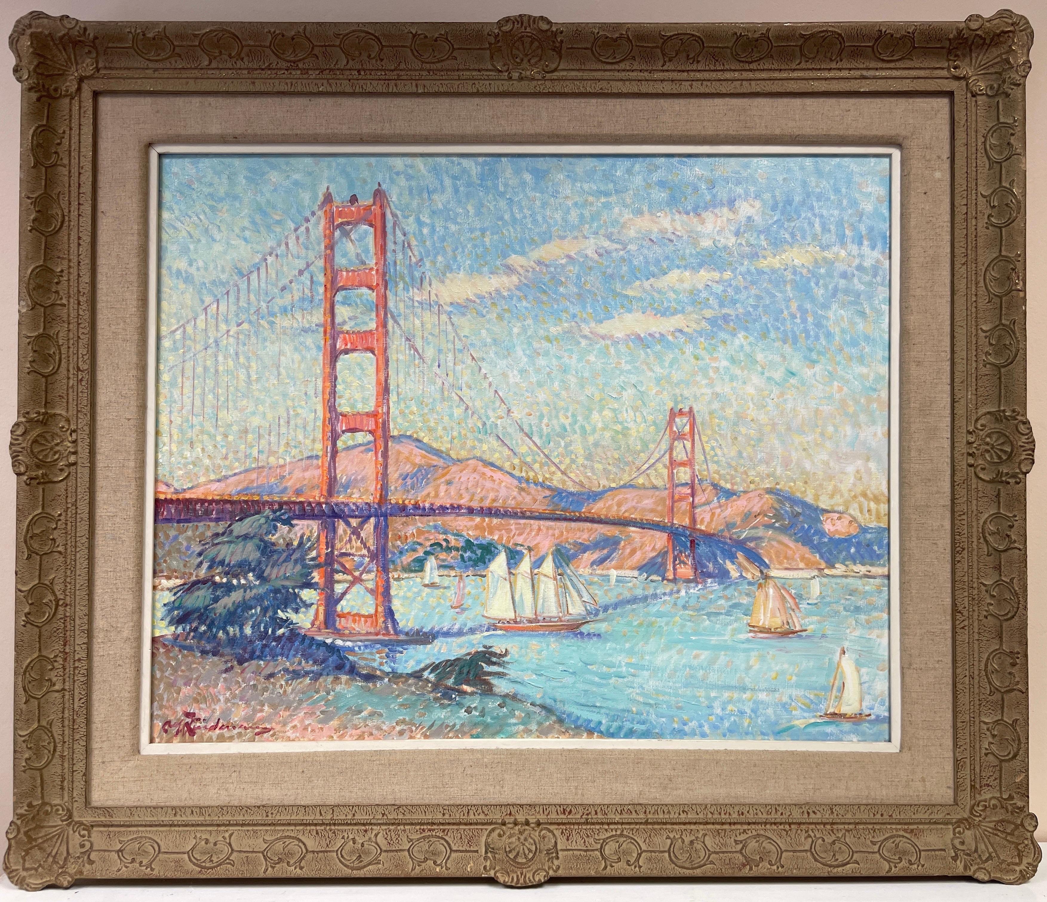 El puente Golden Gate San Francisco, Enorme óleo impresionista Artista francés - Painting de Martin Lindenau
