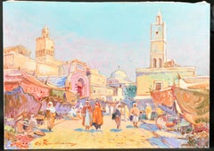 Very Large French Oil Figures in Tunisian Street Market, signed
