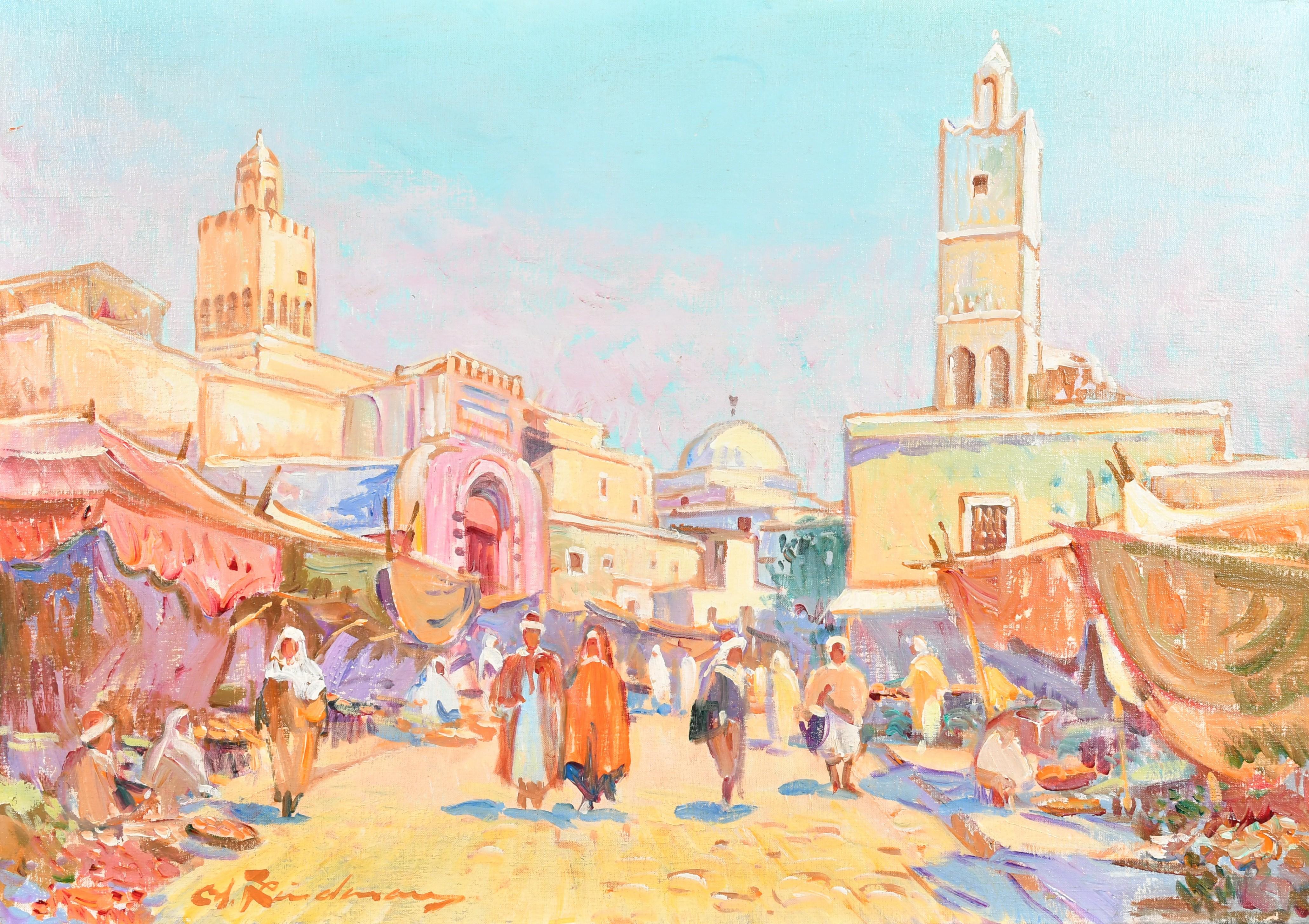Landscape Painting de Martin Lindenau (French b. 1948) - Figuras al óleo francesas muy grandes en un mercadillo de Túnez, firmadas