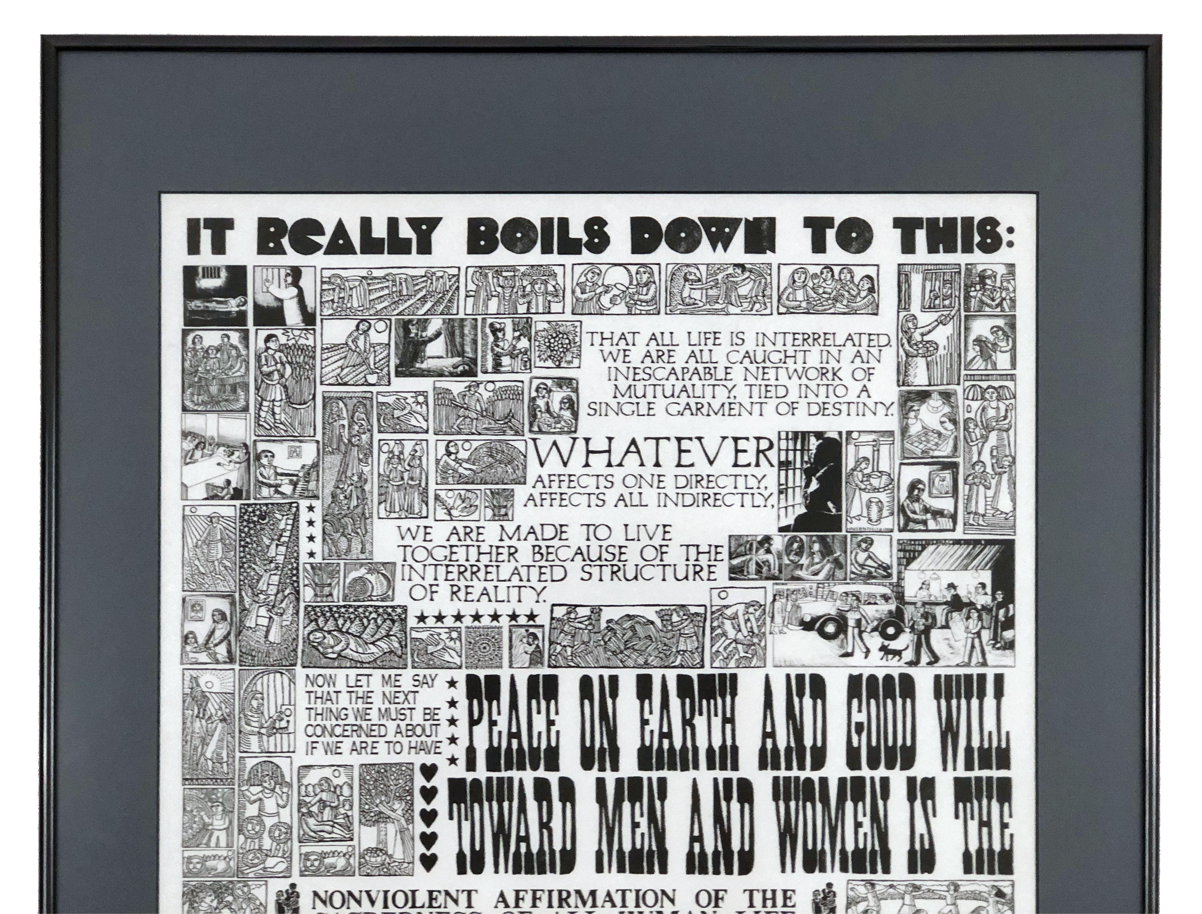 This lithographic print is a 2013 revival of the artist’s 1968 ‘Exploding Newspaper’ series. Signed. Framed under non-reflective glass.

The fonts were created with carved erasers.

Image dimensions: 20 in. W x 31 in. H. 
Frame dimensions: 24