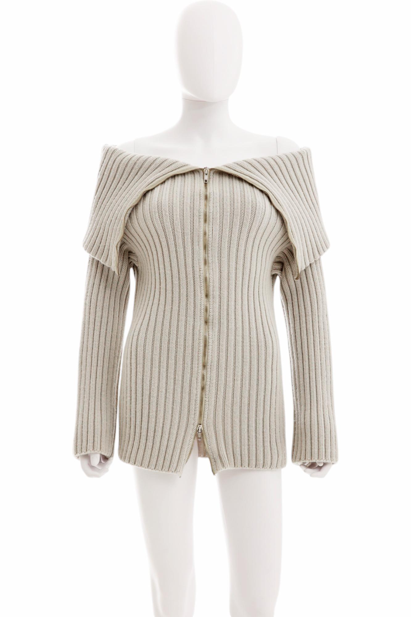 Beige Martin Margiela A/W 1998 Cotton Grey Zipped Giant Turtleneck Sweater en vente