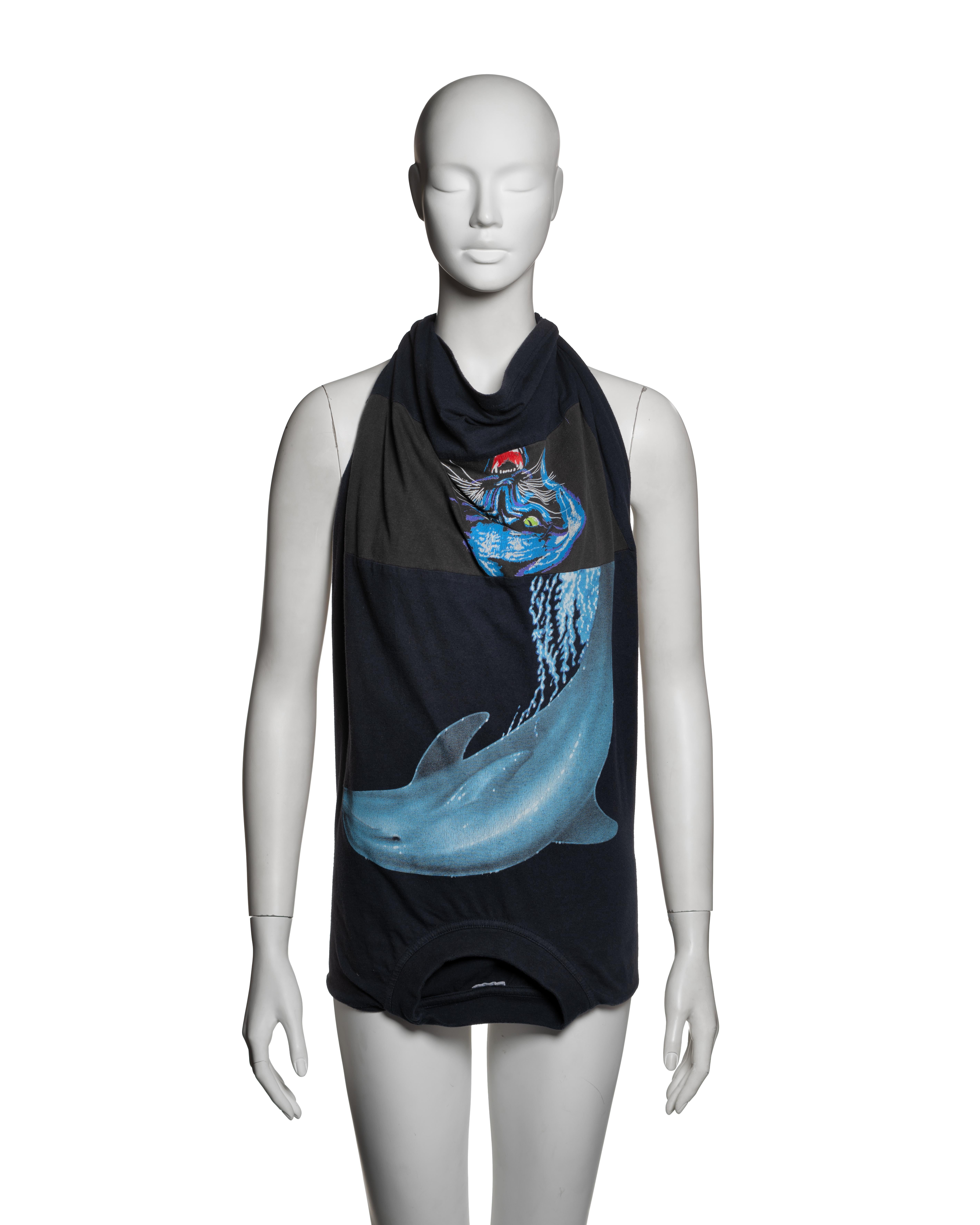 Martin Margiela Fall-Winter 2005 artisanal halter-style top, constructed from two repurposed vintage T-shirts. A black cotton jersey T-shirt with a feline print is combined with a navy blue T-shirt featuring a dolphin graphic, both inverted and