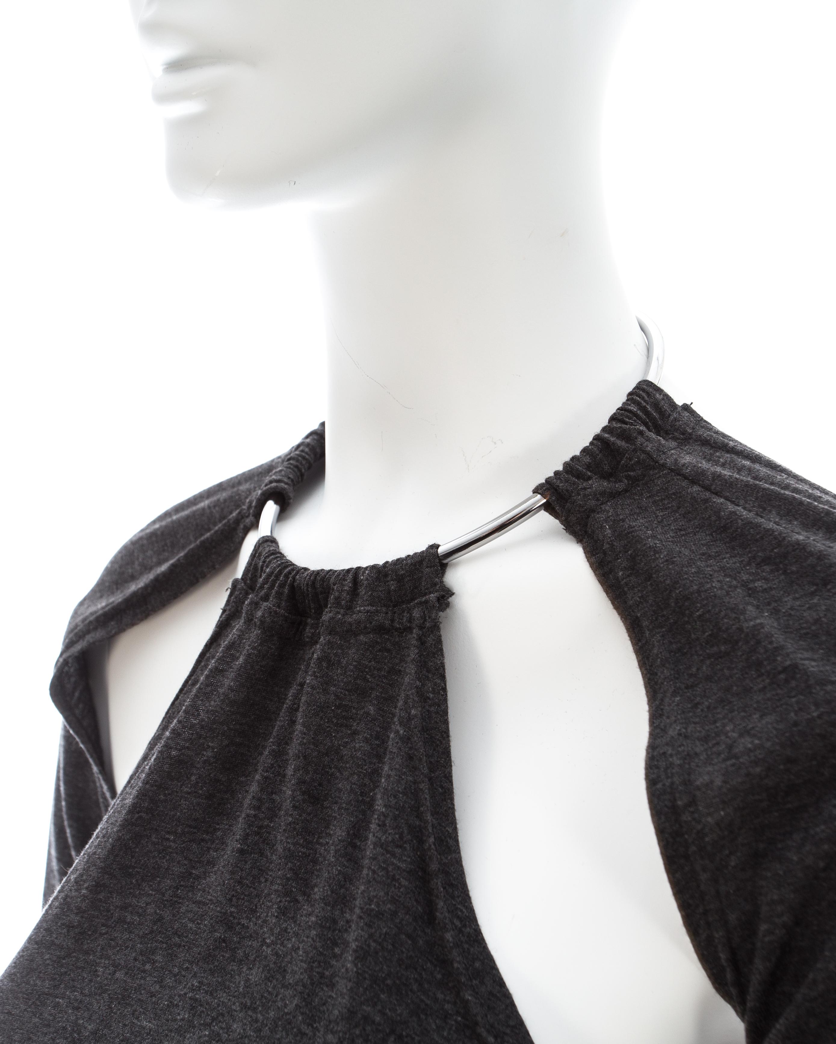 Black Martin Margiela grey cotton jersey maxi dress with metal loop collar, fw 1999 For Sale