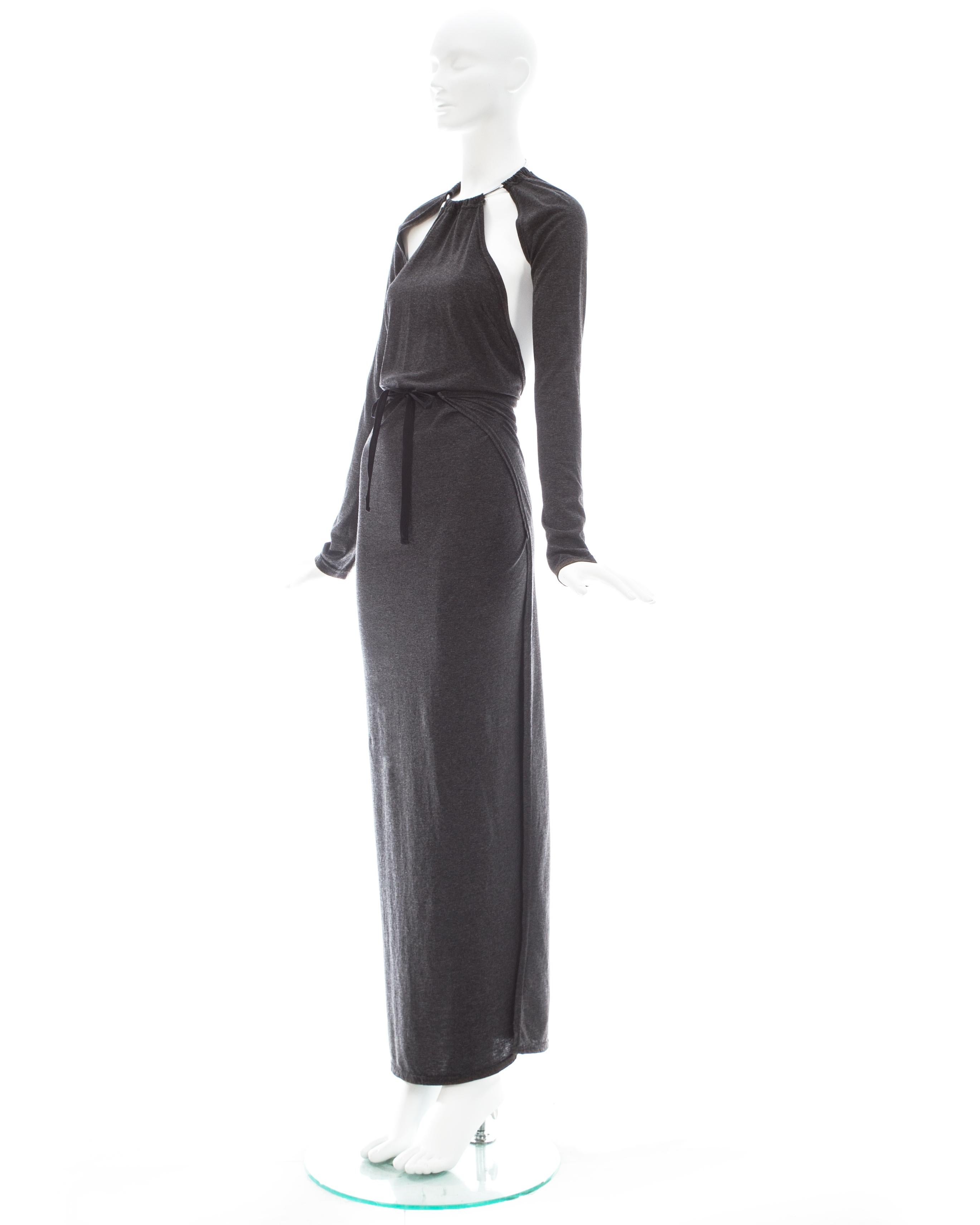 Women's Martin Margiela grey cotton jersey maxi dress with metal loop collar, fw 1999 For Sale