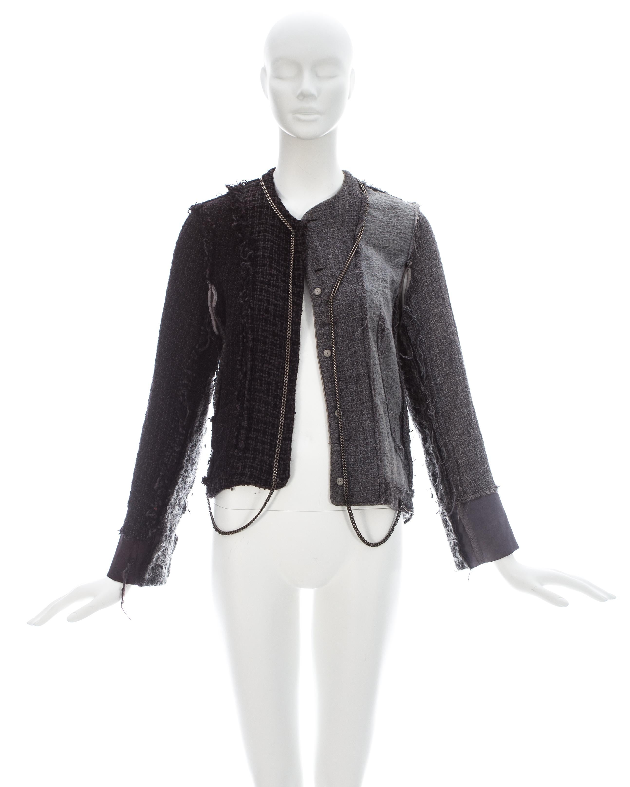 Margiela; Grey wool tweed reconstructed vintage jacket with decorative metal chains, exposed frayed seams, and snap button closures 

Fall-Winter 2004
