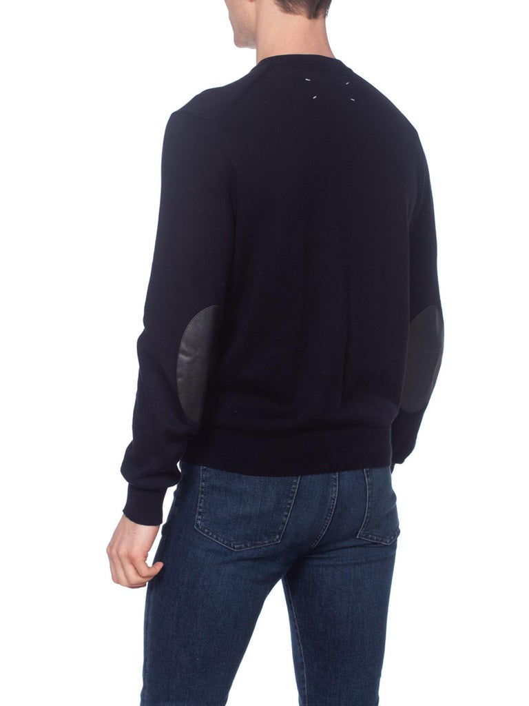 2000S MARTIN MARGIELA Black Cotton Knit Sweater With Leather Elbow