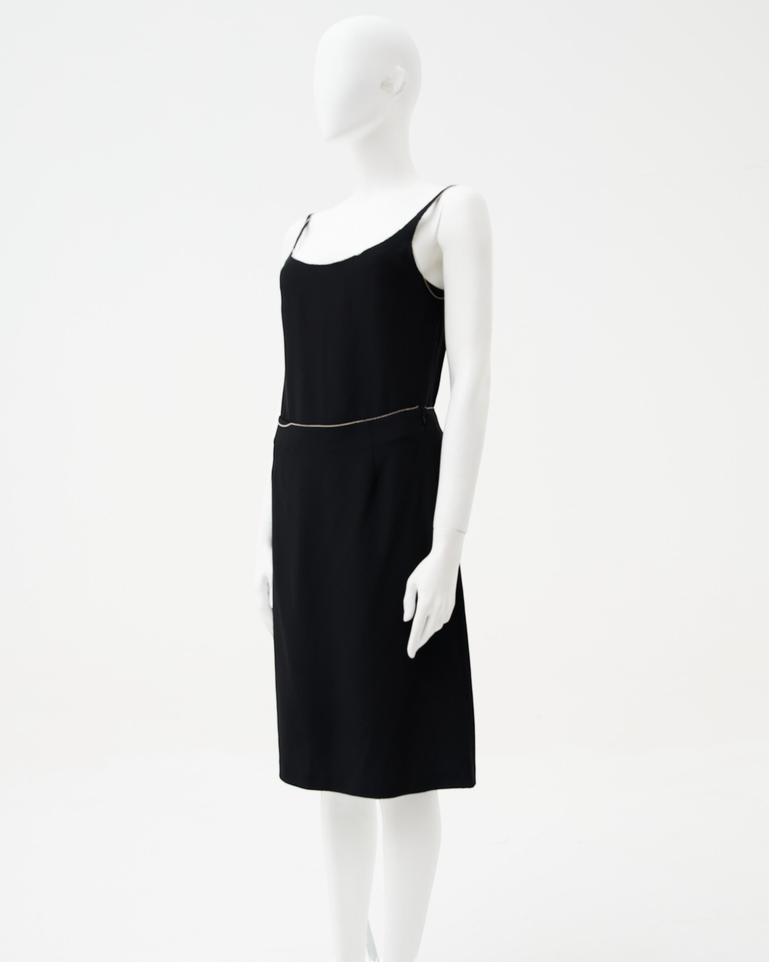 - Designed by Martin Margiela
- Sold by Skof.Archive
- Spring Summer 2006
- Black Lined Top and Skirt
- Thin spaghetti straps on the top with silver/metallic beaded trim along neckline
- Matching knee-length pencil skirt with beaded trim at the