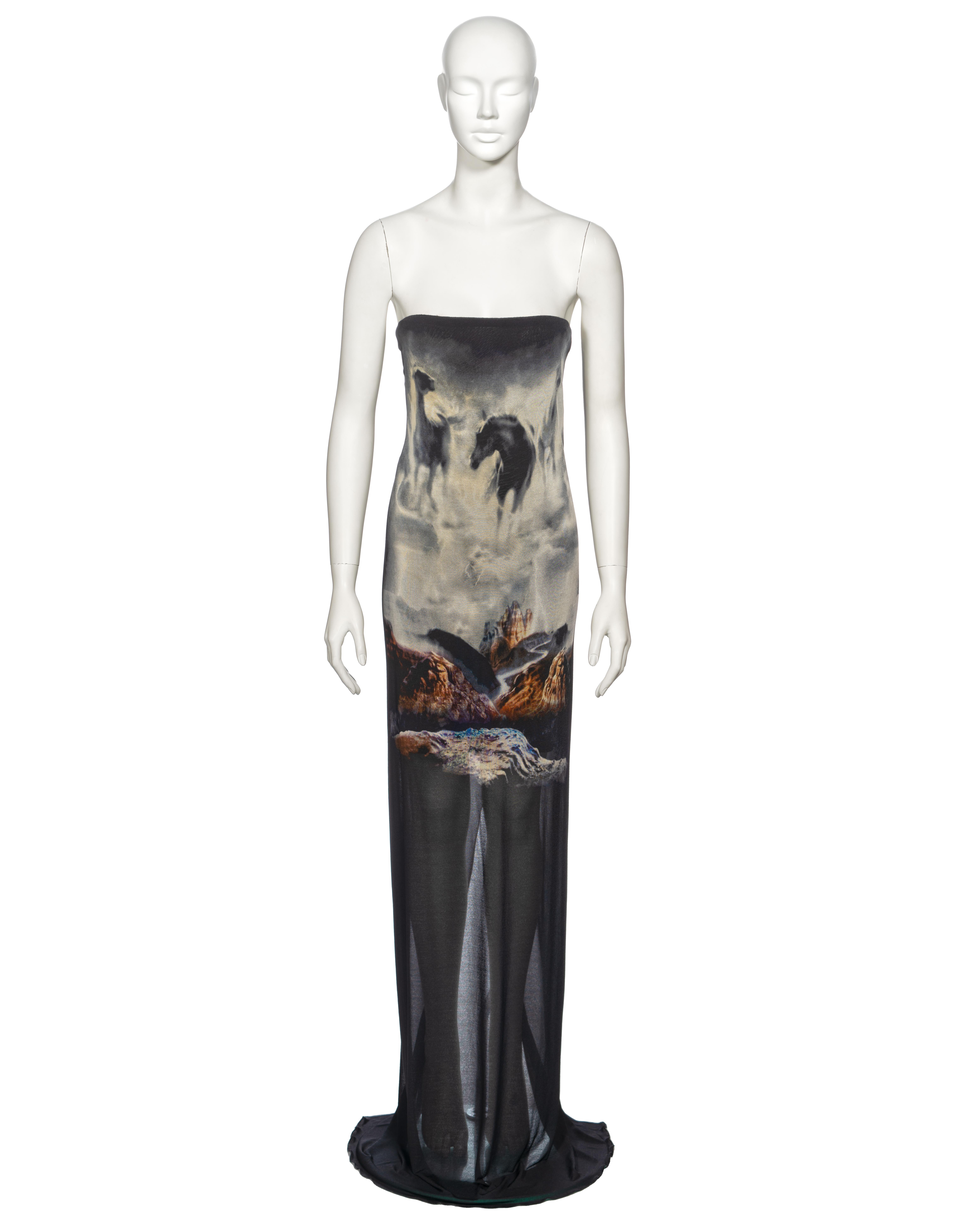 ▪ Archival Margiela Bandeau Maxi Dress
▪ Creative Director: Martin Margiela
▪ Spring-Summer 2008
▪ Sold by One of a Kind Archive
▪ Constructed from two layers of black viscose jersey 
▪ Western style print depicts running wild horses and a