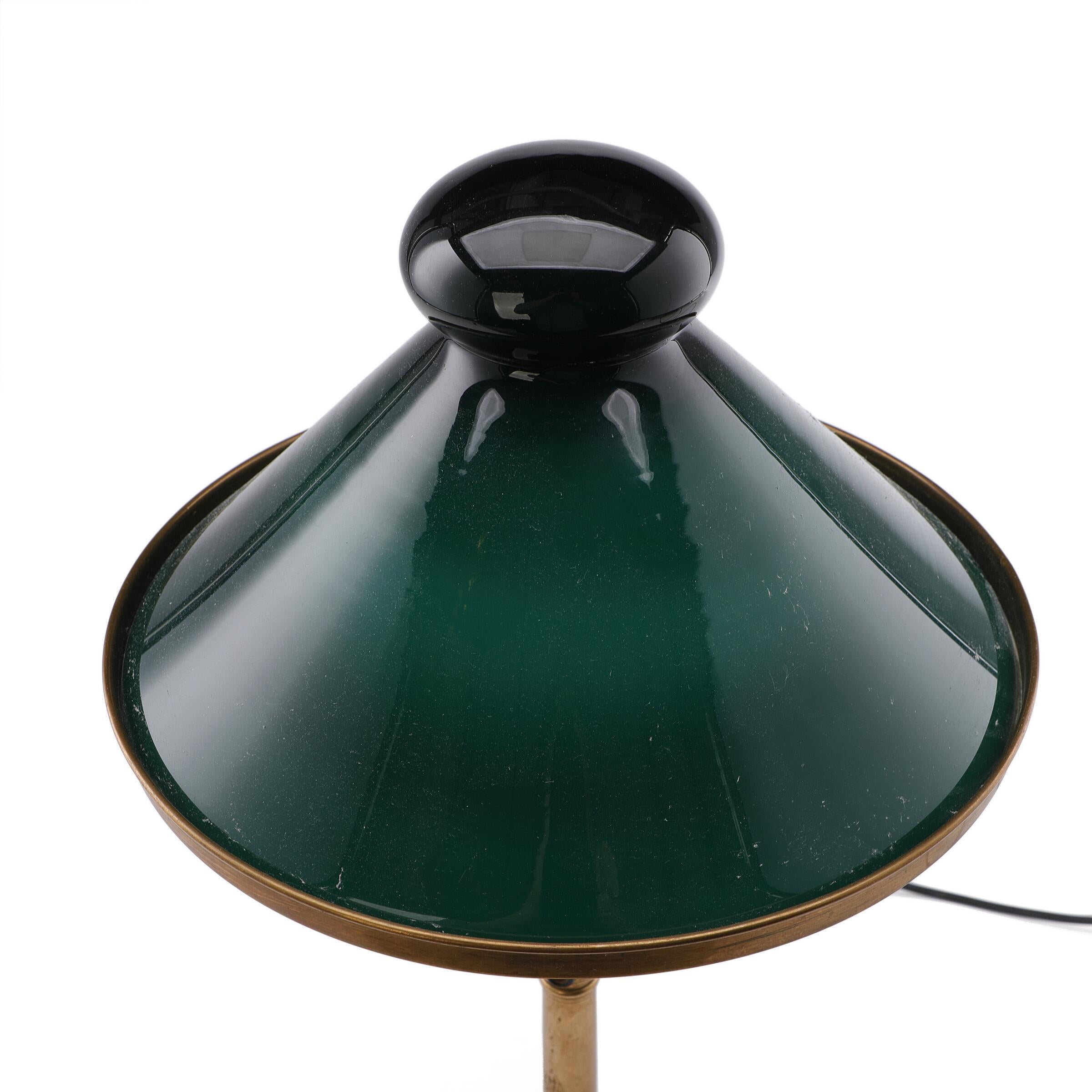 Art Nouveau Martin Nyrop Brass Table Lamp. Shade of Green Opal Glass Aprox, 1900 For Sale