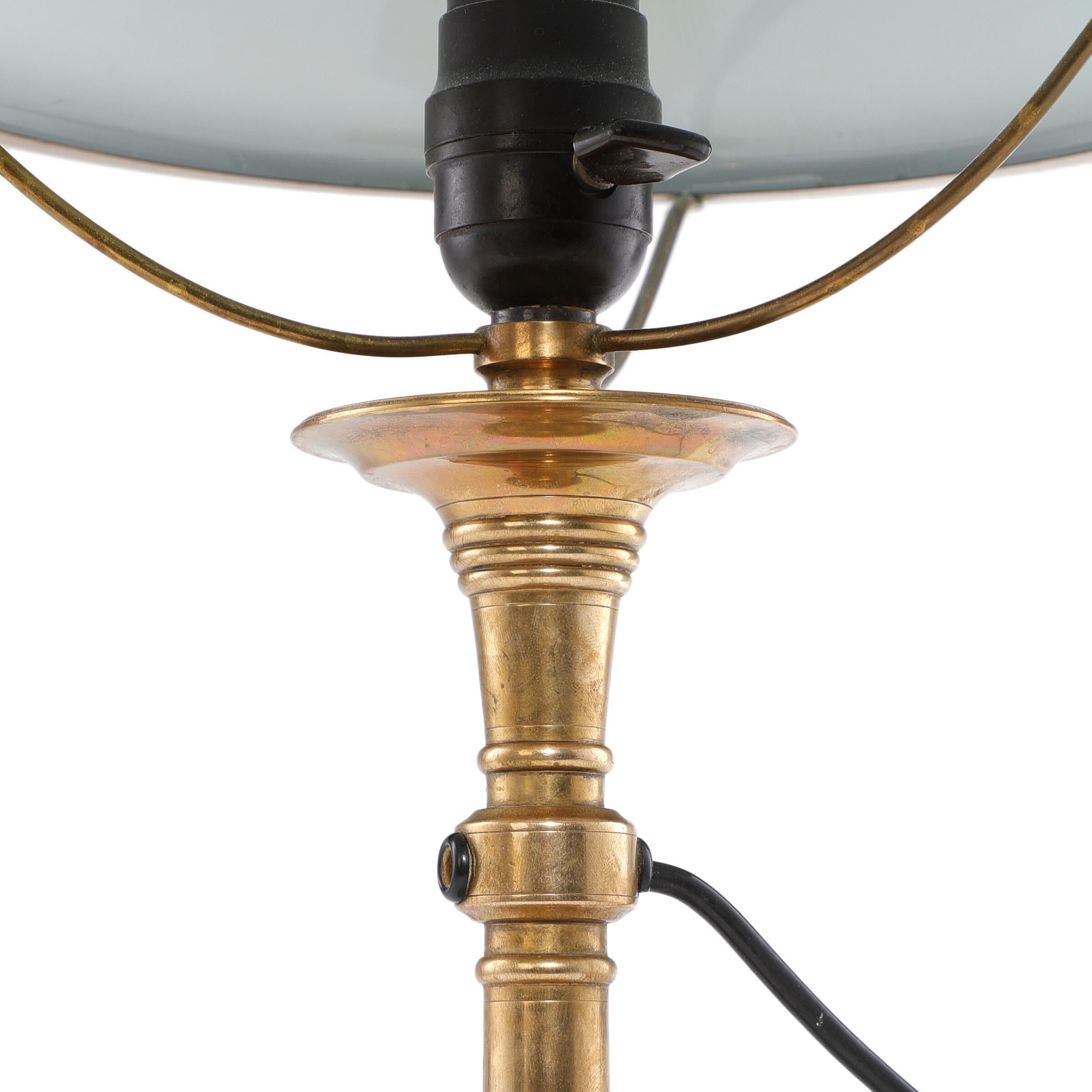 Art Nouveau Martin Nyrop Brass Table Lamp. Shade of Green Opal Glass Aprox, 1900 For Sale